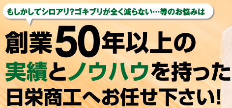 もしかしてシロアリ？ゴキブリが全く減らない…等のお悩みは創業50年以上の実績とノウハウを持った日栄商工へお任せ下さい！